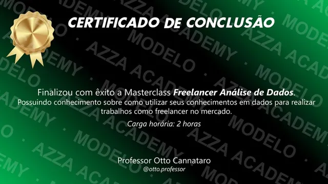 Modelo do certificado do (Masterclass) Freelancer de Dados